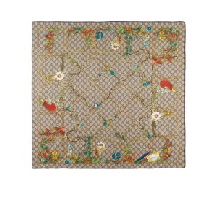 GUCCI ANIMAL AND FLORAL PRINT SILK CARRÉ BROWN 90CM 777066 3G001 9564