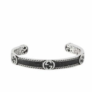 GUCCI CUFF BRACELET INTERLOCKING GG STERLING SILVER BLACK ENAMEL