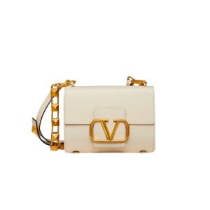 VALENTINO STUD SIGN GRAINY CALFSKIN SHOULDER BAG IN WHITE