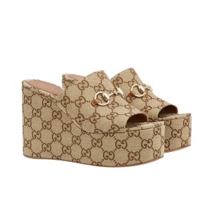 GUCCI WOMEN'S WEDGE SANDAL WITH HORSEBIT BEIGE 816328 FAB10 2547