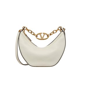 VALENTINO GARAVANI SMALL VLOGO MOON HOBO BAG IN GRAINY CALFSKIN WITH CHAIN WHITE 29CM
