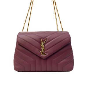 Saint Laurent Loulou Medium Chain Bag In Matelassé Y  Burgundy Gold 26Cm