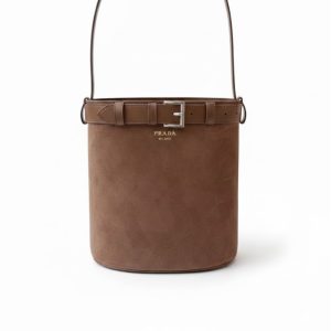 Prada Suede Buckle Bucket Bag With Belt Brown 28Cm