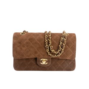 Chanel Classic Medium Double Flap Bag Gold Tone Dark Brown 25cm