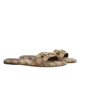Gucci Women's Slide Sandal With Horsebit Beige And Dark Brown GG Canvas