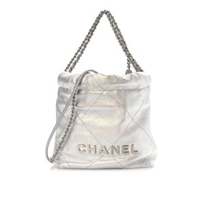 Chanel 22 Mini Handbag Shiny And Gold Tone Metal Silver 20cm