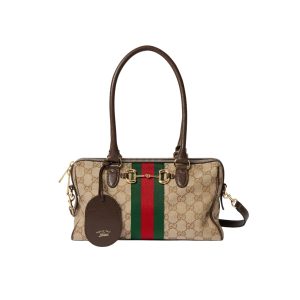 Gucci Borsetto Medium Boston Bag GG Canvas Sand And Brown 28Cm