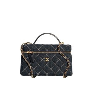 Chanel Classic Vanity with Chain Gold Metal Denim Dark Blue 19cm